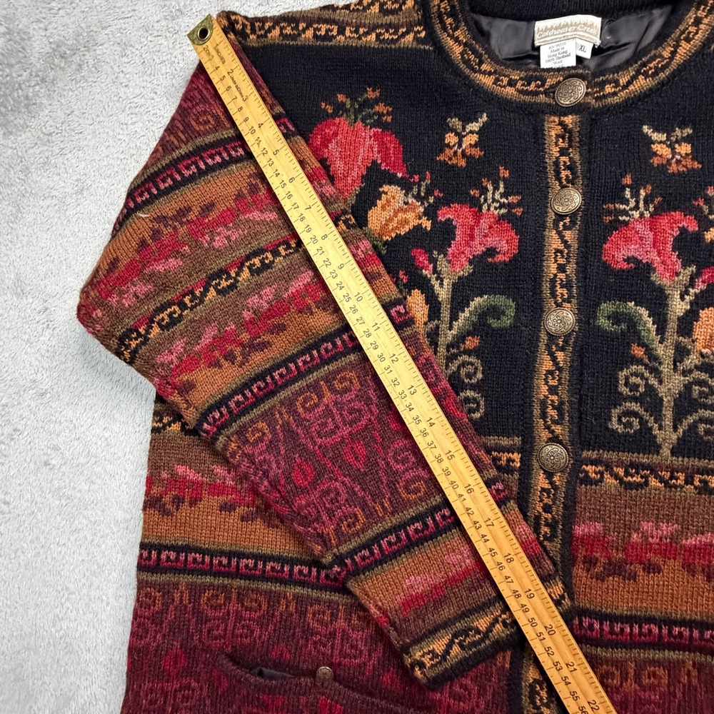Coldwater Creek Floral Shetland Wool Lined Cardigan Sweater XL Red Black V#I326 - Picture 9 of 10